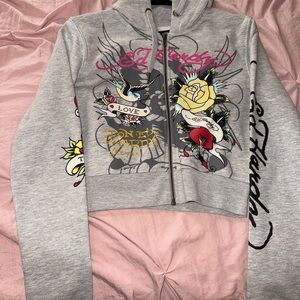 Ed Hardy Gray Hoodie with Colorful Tattoo Art